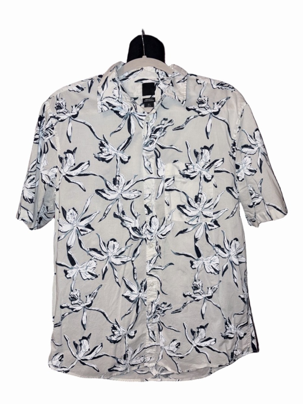 🆕💜H&M Men’s Floral Button Down Shirt White Navy Short Sleeve